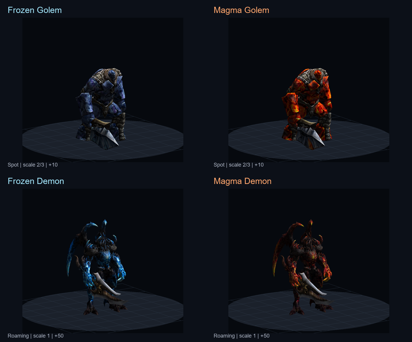 Подготовленные модели Frozen Golem, Magma Golem, Frozen Demon и Magma Demon